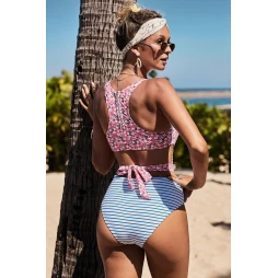  Retro Stripe Pink Floral Printed Spliced Zipped Racerback One Piece Swimsuit
