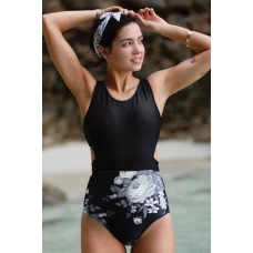 Floral Printed Spliced Zipped Racerback One Piece Swimsuit Black