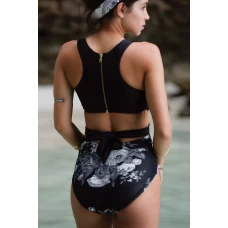 Floral Printed Spliced Zipped Racerback One Piece Swimsuit Black