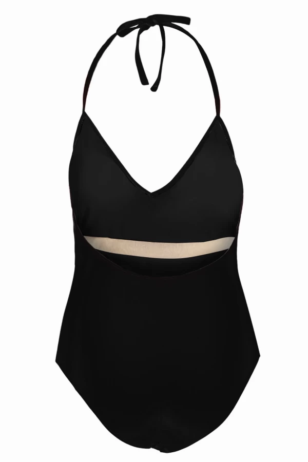 Black Mesh Patchwork Scoop Back Halter One-piece Swimsuit