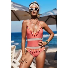 Red Mesh Patchwork Scoop Back Halter One-piece Swimsuit
