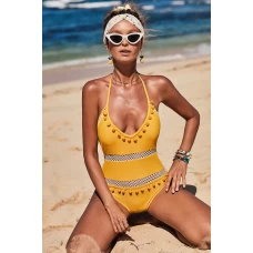 Women's Yellow Ember lattice knit trim One Piece Swimwear