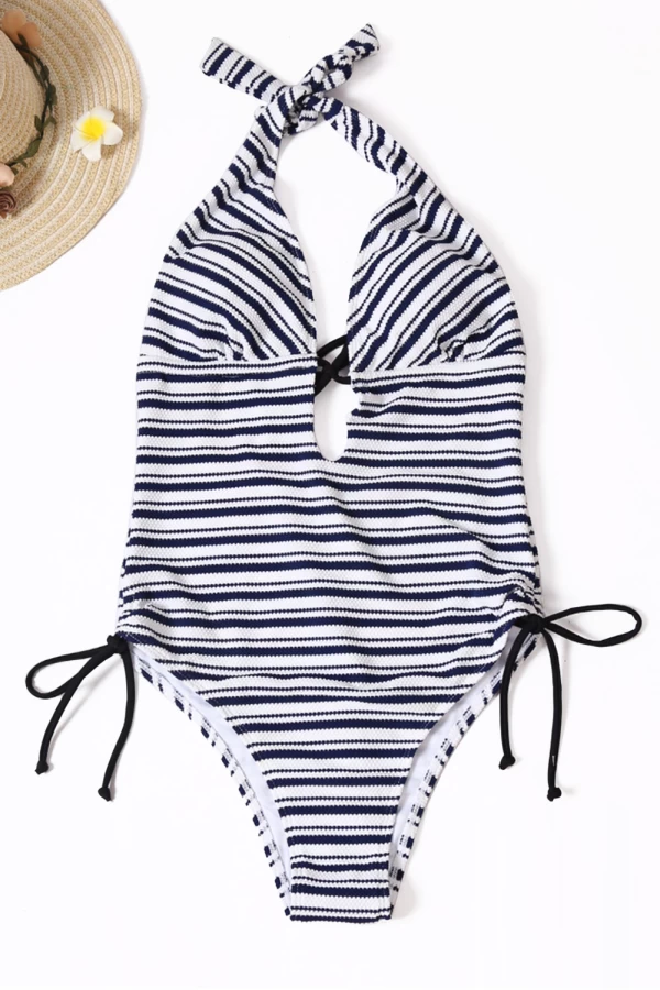 Women's Blue Stripe Tie-up Medium Coverage One-piece Swimsuit