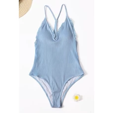 Women's Blue Plunging V Neck Ruffled Racerback One-piece Swimsuit