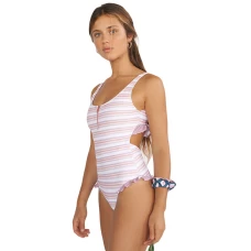 White Striped Print Ruffle Details Cheeky Swimsuit