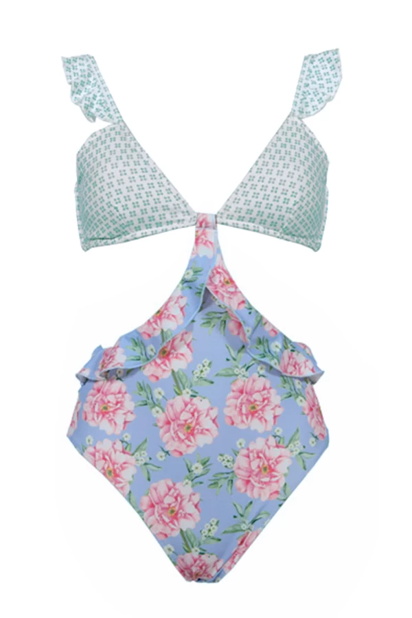 Women's Blue Floral Print Ruffle Backless One-piece Swimsuit
