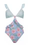 Women's Blue Floral Print Ruffle Backless One-piece Swimsuit