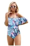 Belted Spaghetti Straps Striped Ruffled One-piece Swimsuit Blue