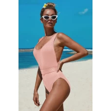 Women's Ribbed Classic Coverage One-piece Swimsuit with Belt Pink