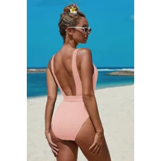Women's Ribbed Classic Coverage One-piece Swimsuit with Belt Pink