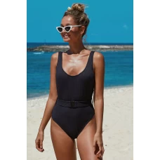 Women's Ribbed Classic Coverage One-piece Swimsuit with Belt Black 