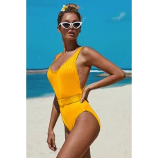 Women's Ribbed Classic Coverage One-piece Swimsuit with Belt Golden