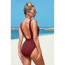 Women's Ribbed Classic Coverage One-piece Swimsuit with Belt Red
