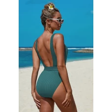 Women's Ribbed Classic Coverage One-piece Swimsuit with Belt Green