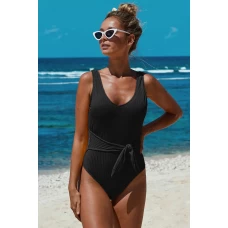 Women's Black Scoop Neck Tie Waist Ribbed Backless One Piece Swimsuit