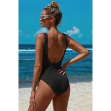 Women's Black Scoop Neck Tie Waist Ribbed Backless One Piece Swimsuit