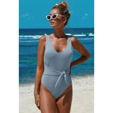 Women's Blue Scoop Neck Tie Waist Ribbed Backless One Piece Swimsuit