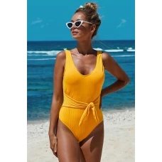 Women's Yellow Scoop Neck Tie Waist Ribbed Backless One Piece Swimsuit