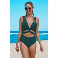 Turquoise Twisted Ruched Hollow Out V Neck One-piece Swimwear