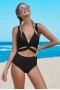 Black Twisted Ruched Hollow Out V Neck One-piece Swimwear