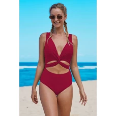 Red Twisted Ruched Hollow Out V Neck One-piece Swimwear