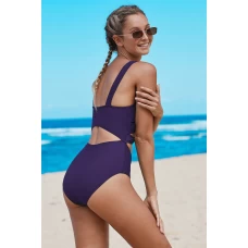 Purple Twisted Ruched Hollow Out V Neck One-piece Swimwear