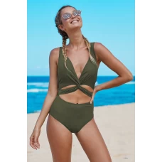 Green Twisted Ruched Hollow Out V Neck One-piece Swimwear