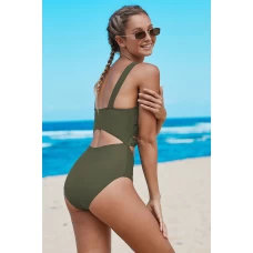 Green Twisted Ruched Hollow Out V Neck One-piece Swimwear