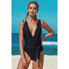 Women's Black Plunging V Frill Detail One-piece Swimwear with Belt