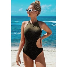 Women's Black Frilled Detail Cut-out Ribbed One-piece Swimsuit