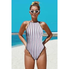 Women's White Stripes Open Back High Neck One-piece Swimwear