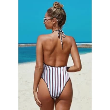Women's White Stripes Open Back High Neck One-piece Swimwear