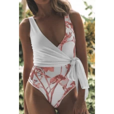 Women's White Self Tie Straps Floral Ruched Deep V Wrap Bakckless One Piece Swimsuit