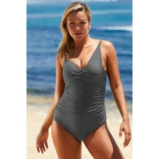Women's Gray Asymmetric Shoulder Ruched Hollow-out Swimsuit