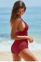 Women's Red High Neck Ruched High Coverage Swimwear with Self Tie Strap