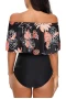 Women‘s Black Printed Off Shoulder Flounce Overlay One-piece Swimwear
