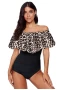 Women‘s Leopard Printed Strapless Flounce Overlay One-piece Swimwear