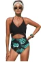 Black Halter Cross Wrap Floral Print Backless One-piece Swimwear