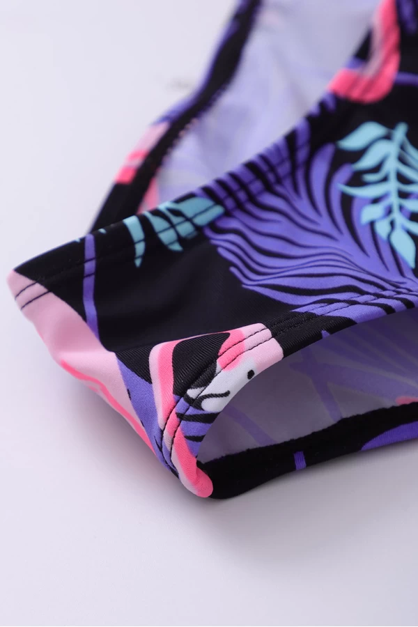 Purple Halter Cross Wrap Floral Print Backless One-piece Swimwear