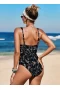 Black Abstract Print Lattice Plunge Mesh inset detail One Piece Swimsuit