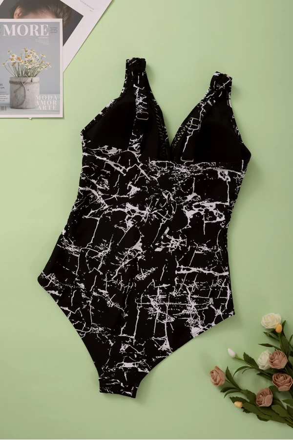 Black Abstract Print Lattice Plunge Mesh inset detail One Piece Swimsuit