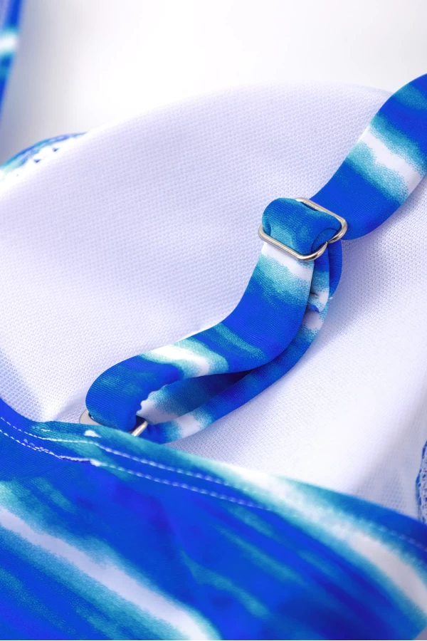 Blue Stripe Print Lattice Plunge Mesh inset detail One Piece Swimsuit
