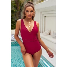 Red Lattice Plunge Mesh inset detail One Piece Swimsuit