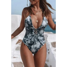 Women's Green Tie Dye Lace Up Front Plunging V One Piece Swimsuit