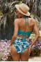 Women's Blue Floral Print Cut Out Lace-up One-piece Swimsuit