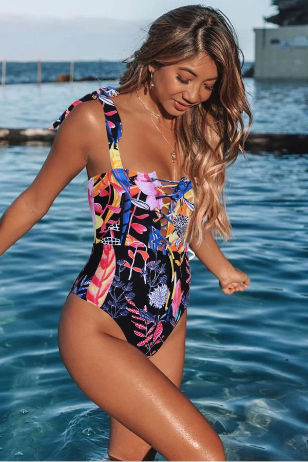 Women's Blue Floral Lace-up One-piece Swimsuit with Self Tie Strap