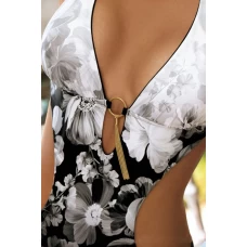 Women's Black Printed Hollow Out Medium Coverage Monokini with Self Tie Strap