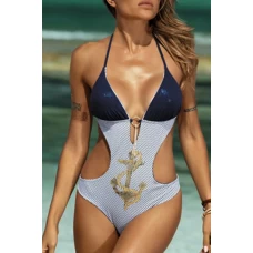 Women's Blue Printed Hollow Out Medium Coverage Monokini with Self Tie Strap