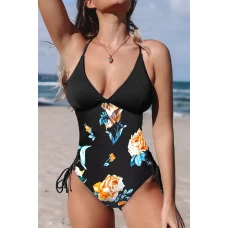 Women's Halter Crisscross Hollow Out Ribbed Printed One-piece Swimwear Black