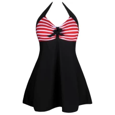 Red White Stripes Black Halter One-piece Swim Dress